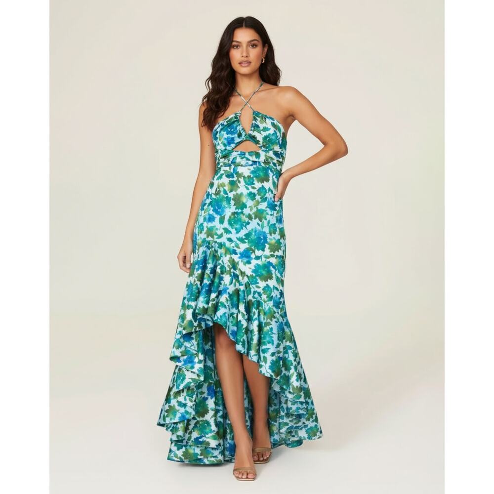 AMUR Blue Floral Halter Gown with Ruffle Detail (Size 8)